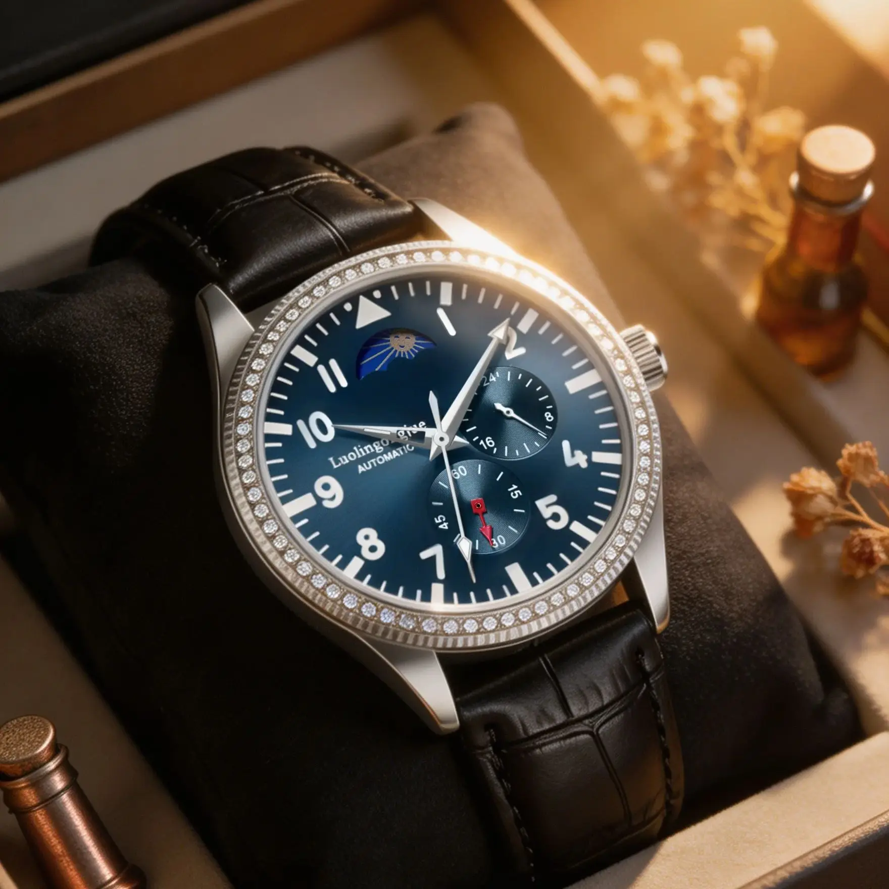 High-End Men's Automatic Mechanical Watch with Diamond-Encrusted Bezel, Round Dial, Leather Strap, Skeleton Design, Waterproof, Suitable for Casual and Business Use, Hot-Selling Product, Suitable for Daily Wear and Party Occasions, Wholesale and Retail