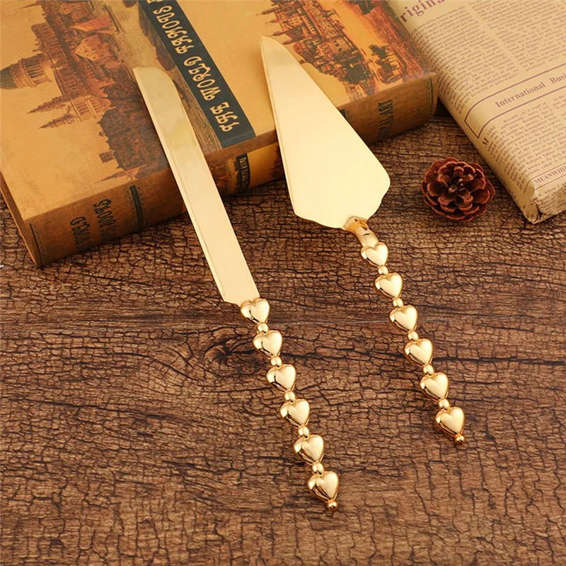 2Pcs Heart Shape Handle Cake Cutter Golden Cake Shovel Knife Wedding Cake Knife Server Set Party Baking Cake Divider B