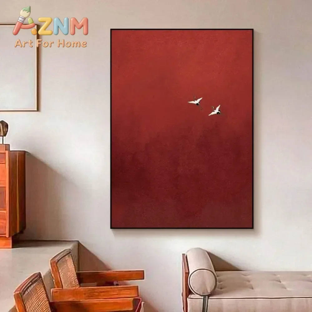 AZNM Minimalist Red Background Crane Canvas Wall Art Frameless Canvas Print Chinese Style Red‑Crowned Crane Poster for Living Ro