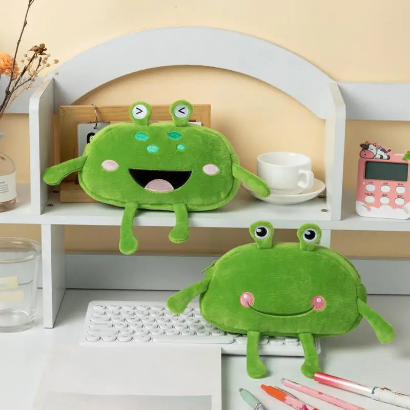 Plush Pencil Case Soft Plush Large Stationery Crayon Case Creative Stuffed Frog Cosmetic Bag Cartoon Theme Crayon Pouch For Pens