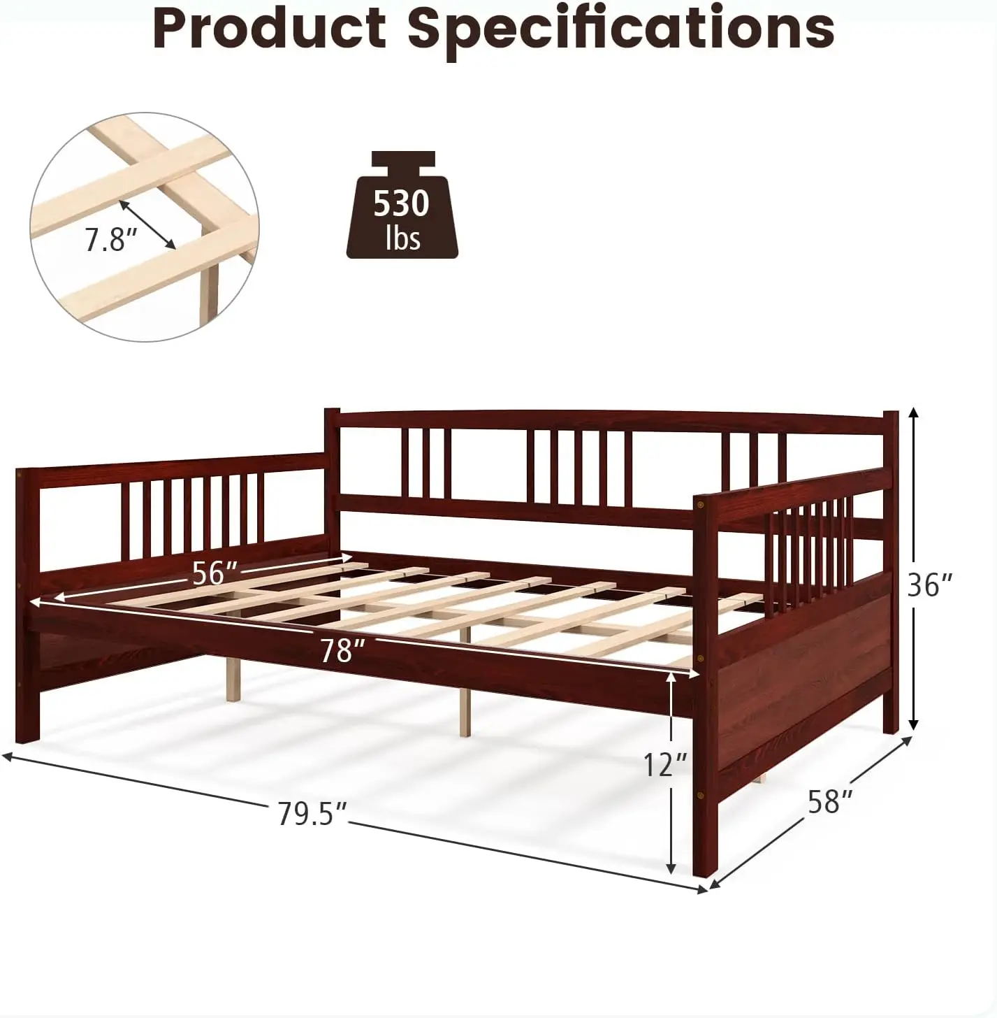 Full Size Daybed, Wooden Daybed Sofa Bed Frame with Wood Slat Support for Kids Teens, Multi-Functional Day Bed