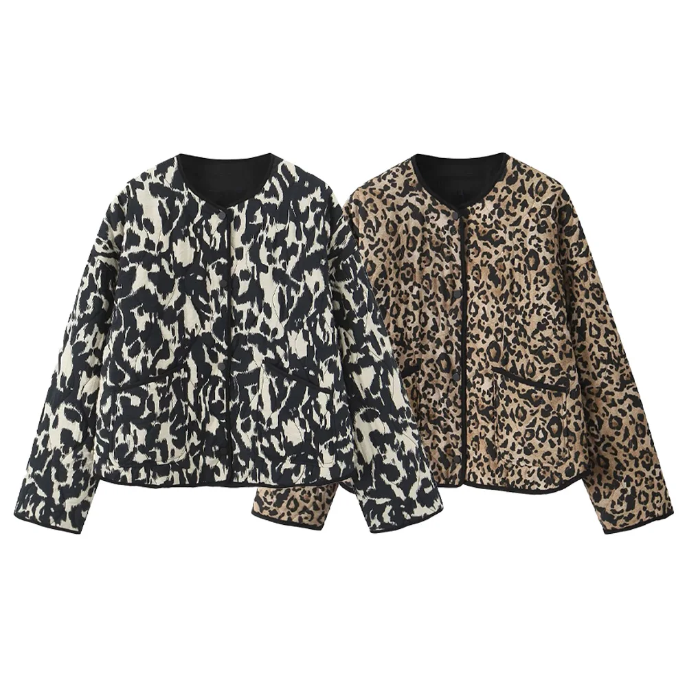 

Осенний новый продукт, женская повседневная свободная хлопковая куртка с леопардовым узором и принтом животных, с круглым вырезом, пальто