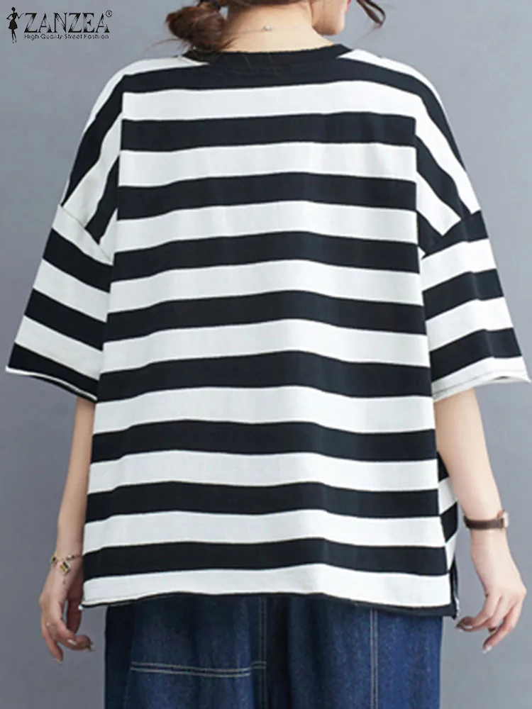 ZANZEA Women Oversized Stripes Blouse 2024 Summer Dropped Shoulder Tops Fashion Colorblock T-shirts Holiday Casual Loose Tunics