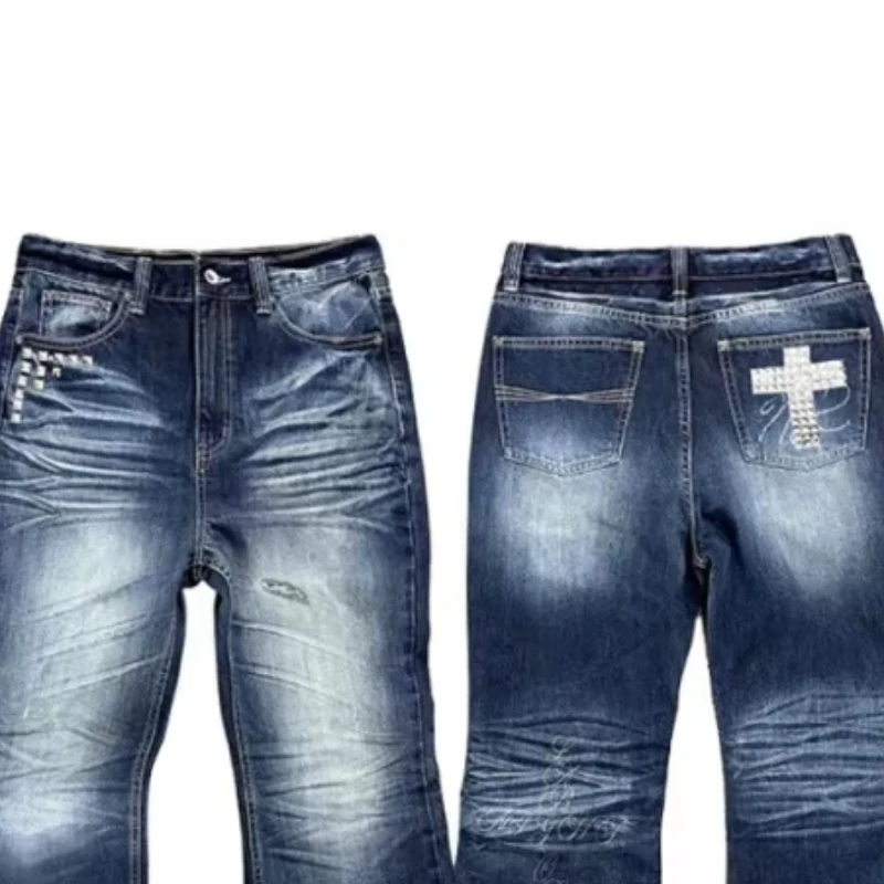 

1990s high street vintage American style trendy rhinestone-decorated women's jeans fashionable Korean style Harajuku gothic