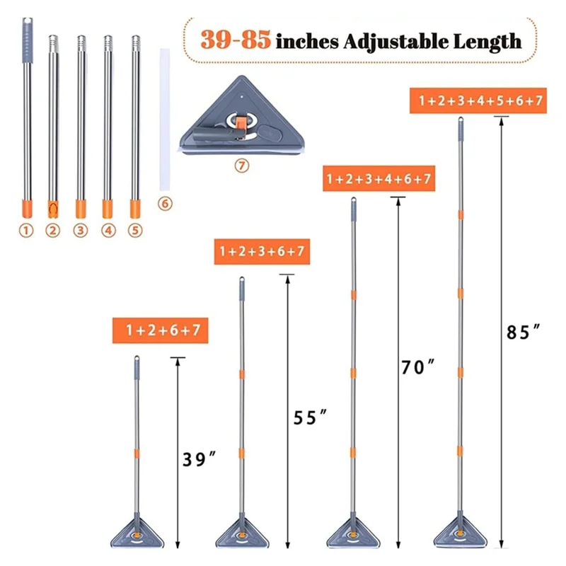 AB46-Scopa da parete regolabile per aspirapolvere asciutto e bagnato con manico lungo 360 °   Mop per la pulizia delle pareti in microfibra a triangolo rotante