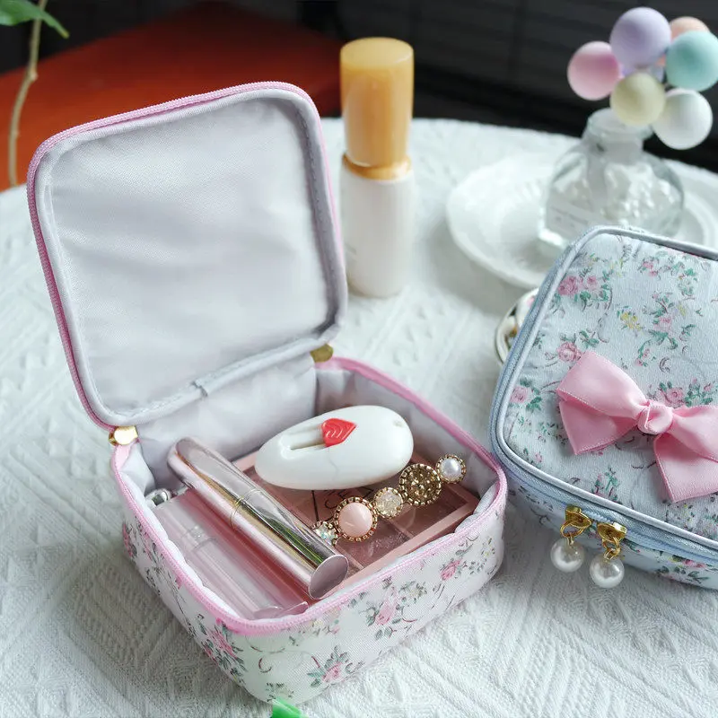 Japanese Cute Floral Fabric Square Cosmetic Bag Portable Bags Portable Sundries Makeup Replenishment Storage Bags for Women