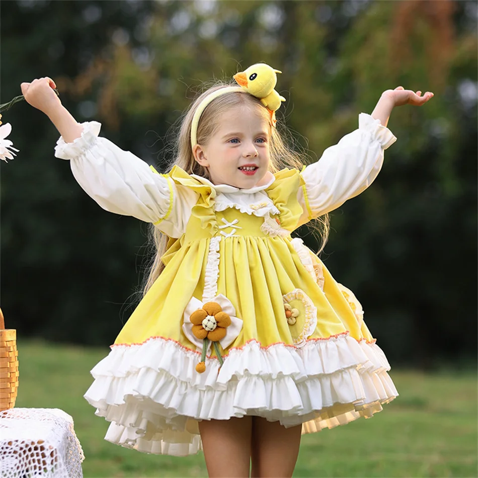 Snow White Cosplay Lolita Princess Dress for Children Birthday Carnival Ball Gown Girls Cute Floral Yellow Long Sleeves Frocks