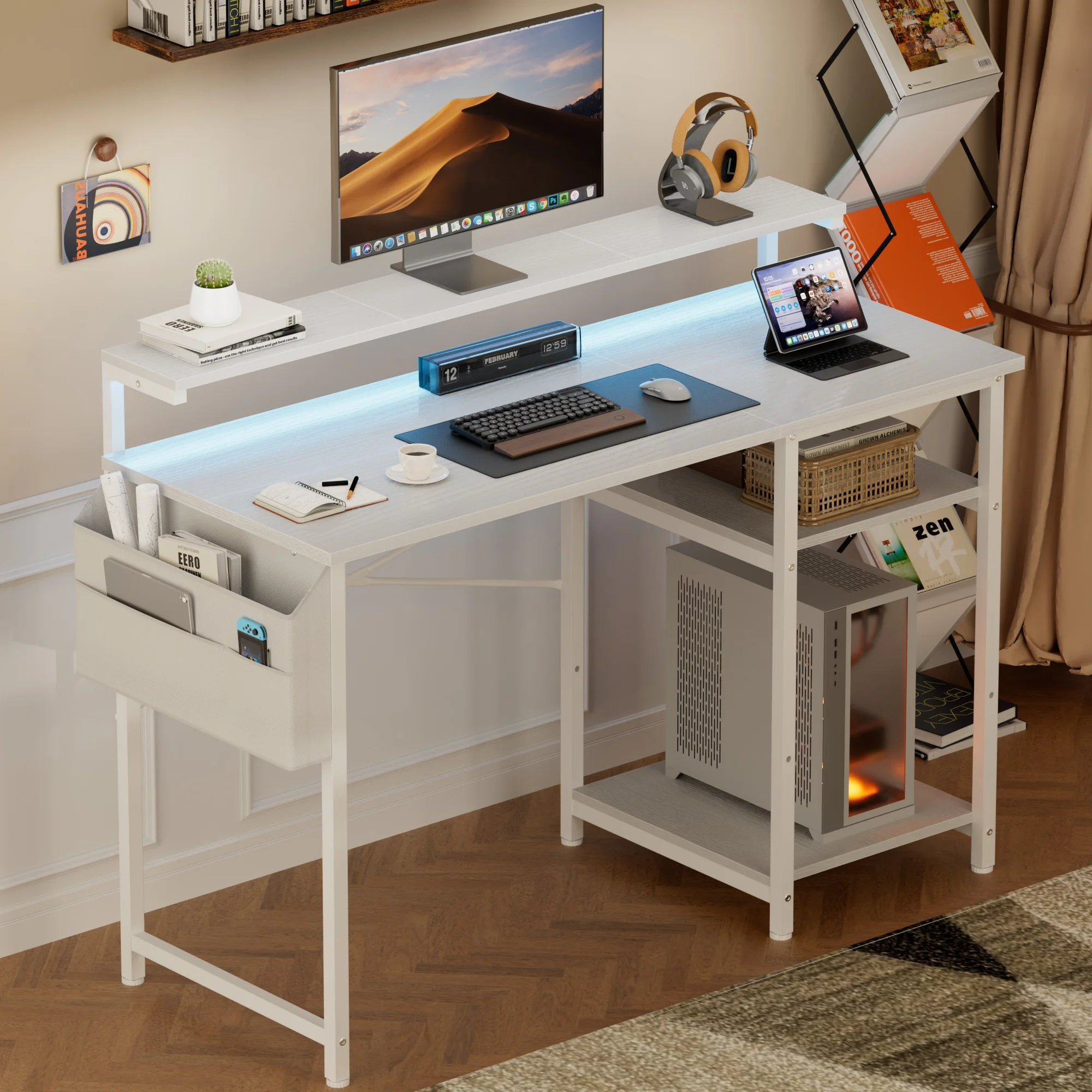 FRODROVIA 40 /47inch Office Table, Computer Desk with LED and Monitor Stand, 2 Shelves and Storage Bag PC Table for Study and Bedroom