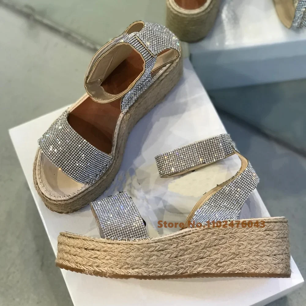 

Diamond Wicker Sandals Women Crystal Round Toe Wedge Heel Hook & Loop Slingback Bling Bling Ankle Strap Comfortable Sandals