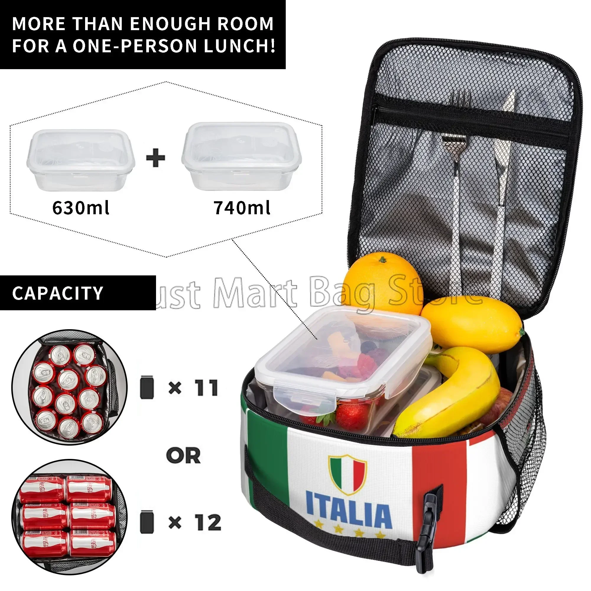 Italian Flag Pattern Insulated Lunch Bag Reusable Portable Thermal Bento Tote Bag for Women Boys Girls Work School Picnic Travel