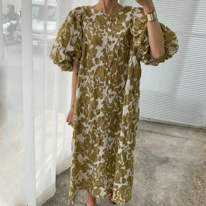 

Short Sleeve 2022 Dress Elegant Luxury A-Line Vintage Summer Loose Print Woman Dresses High Waist Party Women Vestido Midi Robe