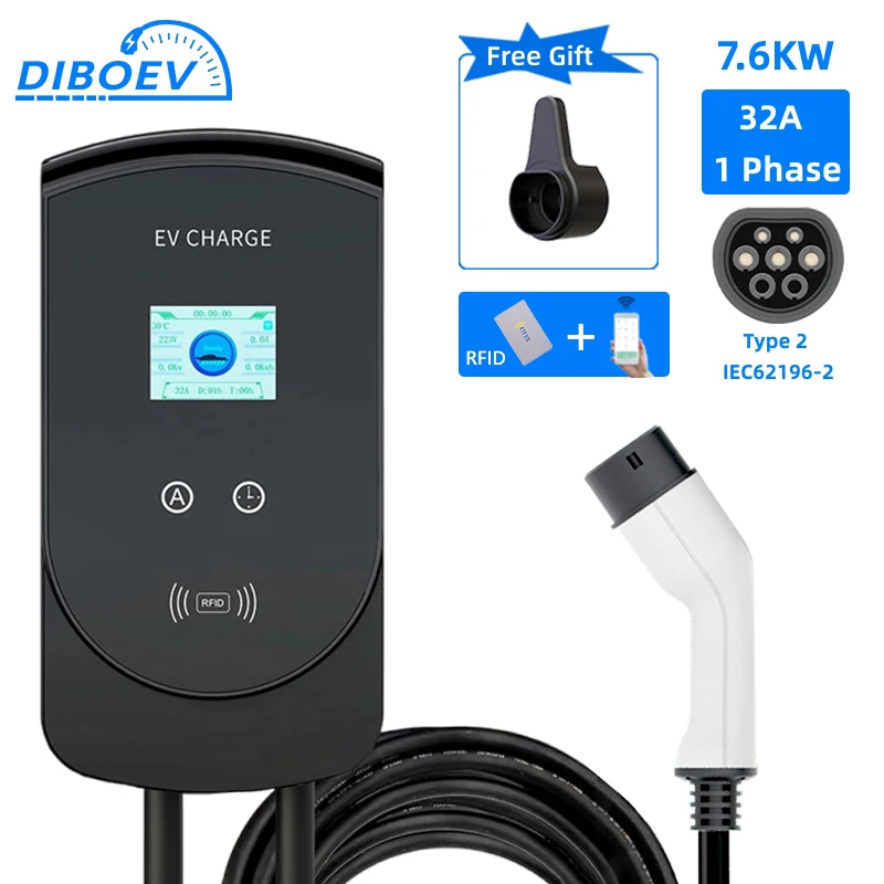 EV Charger 32A 7.6KW Electric Vehicle Car Charger EVSE Wallbox 3Phase 22KW 11KW Type2 Cable IEC62196-2 Socket APP Control