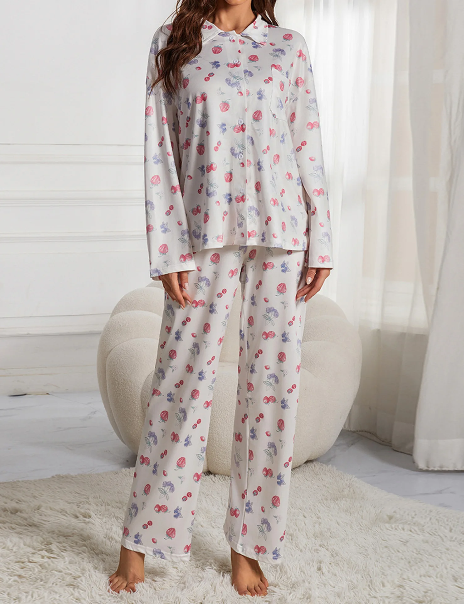 Ladies Pyjamas Set Long Sleeve Button Down Shirt Flower Fruit Print Wide Leg Pants Pajamas