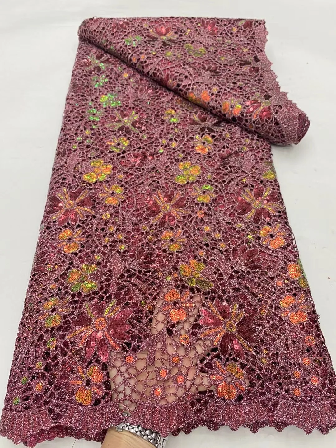 Red African Sequins Lace Fabric 5 Yards High Quality Embroidery Beads French Mesh Nigeran Lace For Wedding Party Dress DP0212