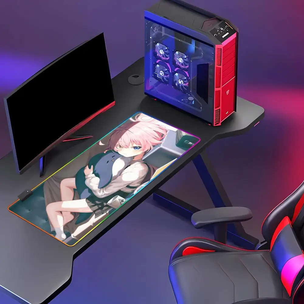 Pink Check Pattern Mousepad Blue Archive Gaming Games RGB Mouse Pad Gamer Large LED Light Takanashi Hoshino Anime Girl Mousepad