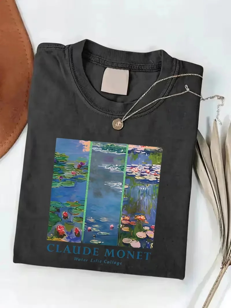 Claude Monet Water Lilies T-shirt Collage Impressionist Art Graphic T-Shirt,Fine Art Aesthetic Print Daily Top for Men Women
