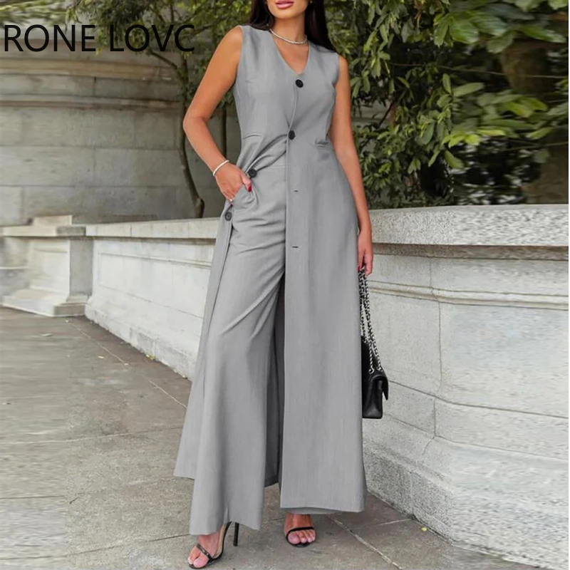 

Women Solid Button X-long Jacket Tops& Solid Bottom Sense of Design Fashion Wide Leg Formal Pants Set