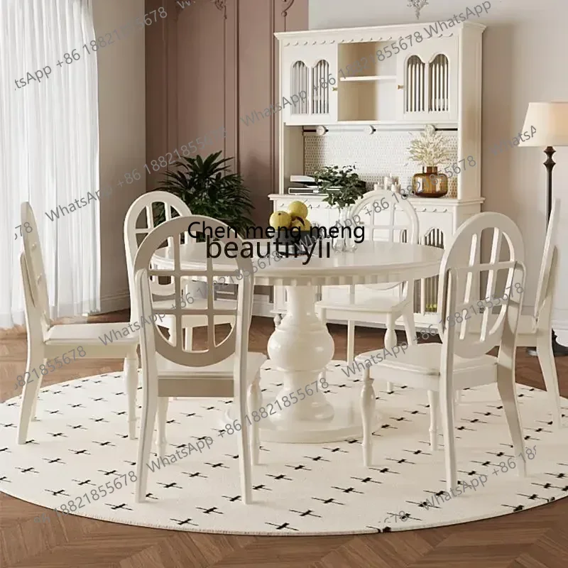 ss7486 White restaurant dining table pure solid wood cream style French retro home furniture New Light Luxury