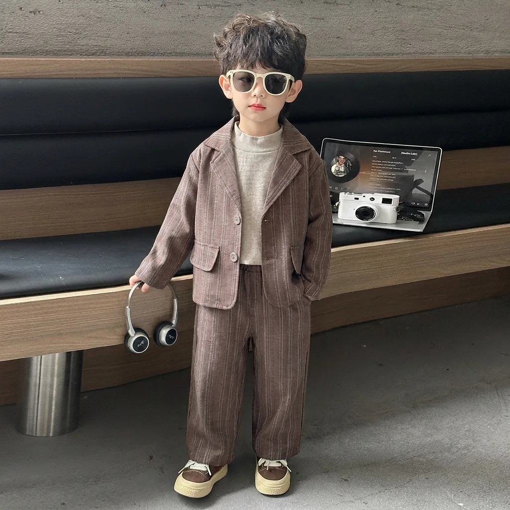Boys Fall Set 2026 New Handsome Kids Striped Suit Clothes Spring Autumn Three Piece Set Stylish Baby