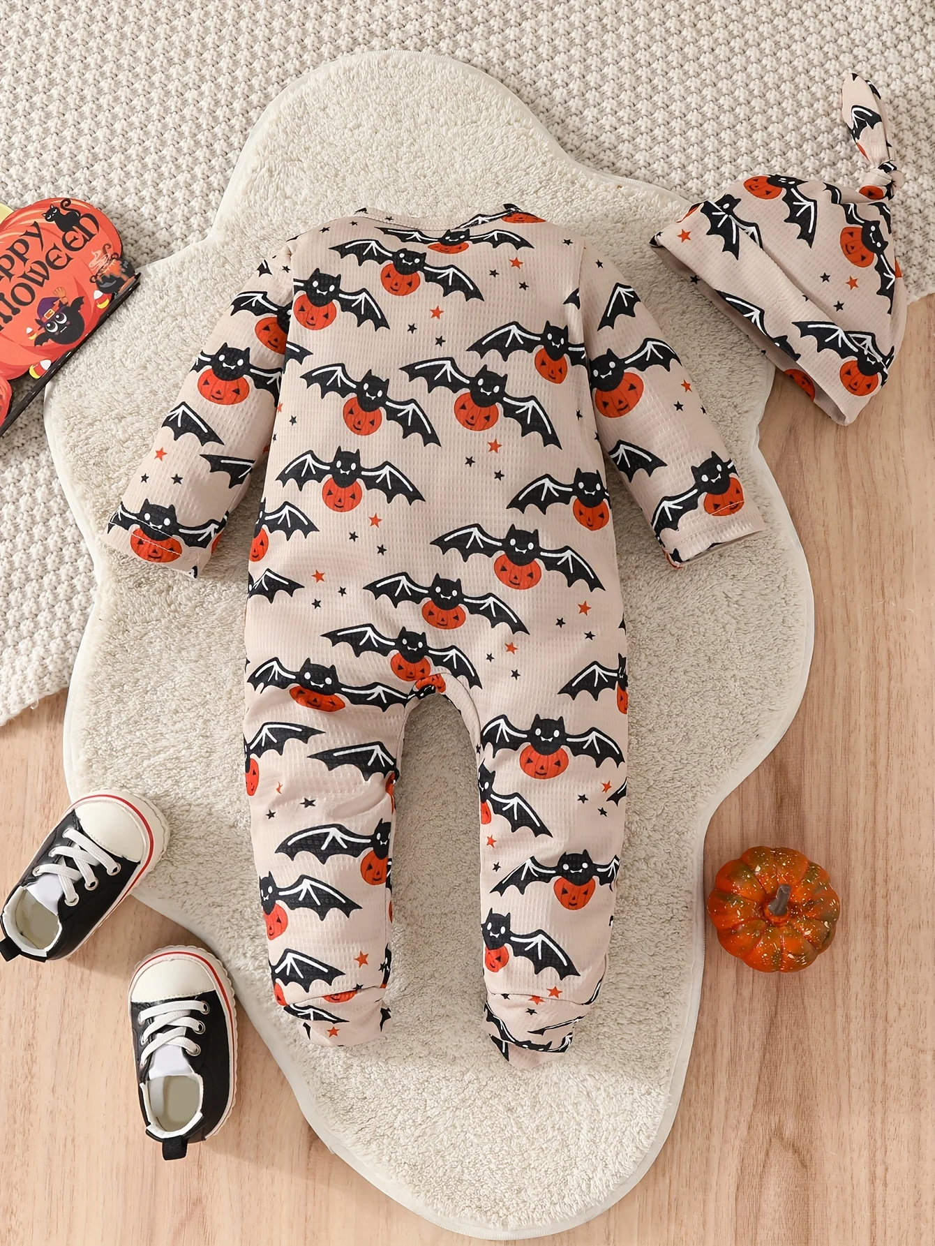 0-2 years old baby autumn outing costume Halloween bat pumpkin cartoon pattern foot onesie + hat two-piece set