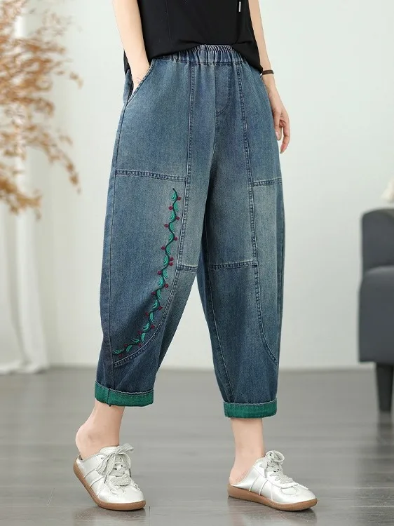 Dżinsy retro z haftem, codzienne, z wysokim stanem, elastyczne w pasie, bawełniane spodnie typu harlan, wyszczuplające, długość 7/8 dla kobiet plus size.