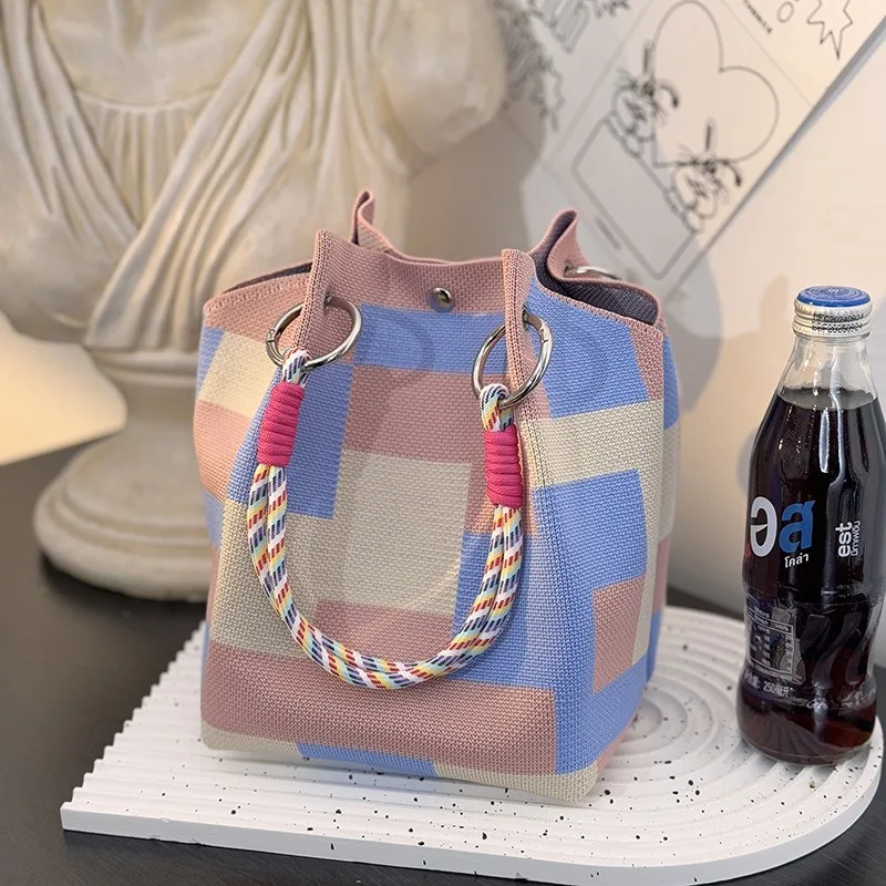 Metal Ring Handbag Fashionable Women'S Bucket Bag Knit Tote Bag Spacious Color Block Handbag For Leisure Travel Daily Commuting image 4