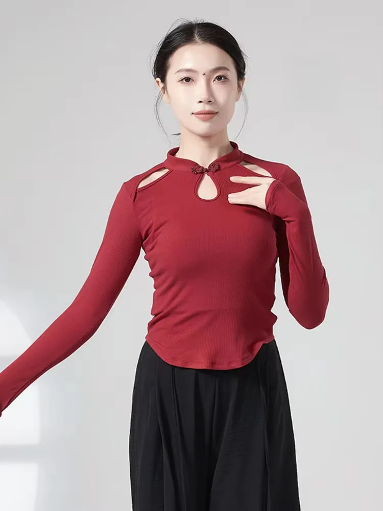 Haut de danse à col montant de couleur unie pour femmes, chemise ajourée à manches longues avec boutons décoratifs, idéal pour le scène de ballet