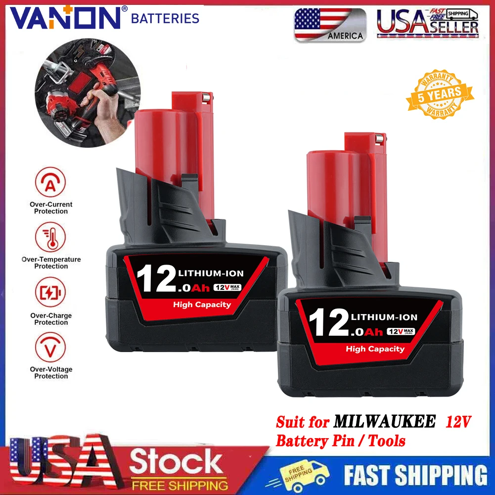 

VANON 2Pcs 12Ah Replace for Milwaukee 12V M12 Battery Pin Compatible with Milwaukee 48-11-2460 Power Tools & 59-1812 Charger