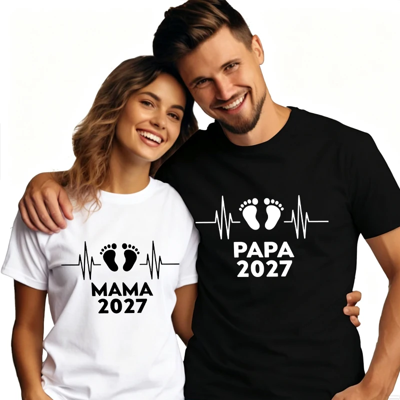 Papa Mama 2027 Cute Baby Footprints T Shirt Couples Matching T-shirt Women Men Fashion Pregnancy Announcement Lover Tshirts