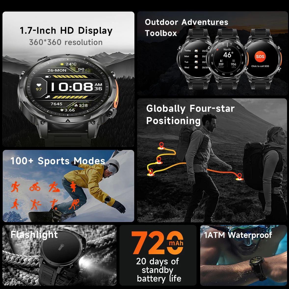 Militar robusto gps relógio inteligente lanterna led bússola gps embutida altímetro barométrico 1.85 polegadas tela amoled 10atm waterproo