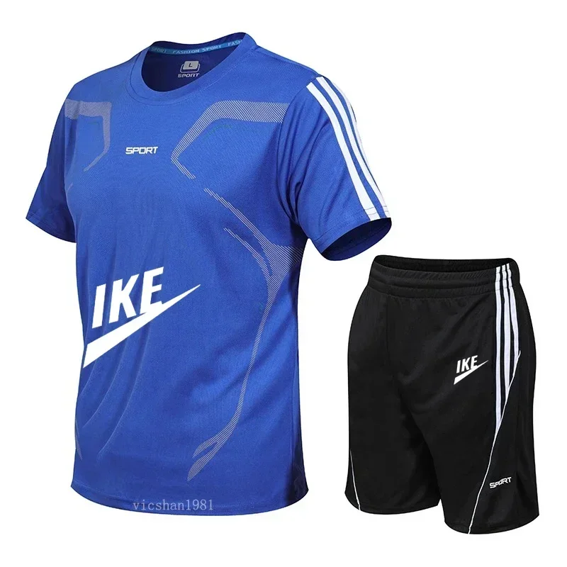 

Summer 2025 New sports men's breathable short-sleeved set Outdoor running training quick-drying round-neck T-shirt + shorts 2-pi