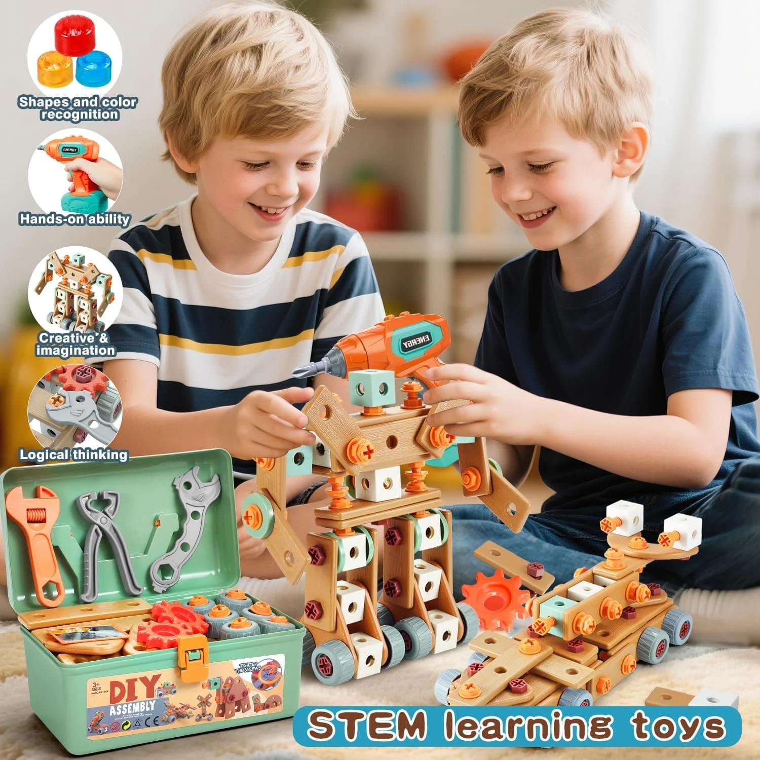 

Набор инструментов для малышей из 144 предметов, детский набор инструментов с насадками для дрели, ящик для инструментов, развивающие игрушки STEM Монтессори, обучающие строительные игрушки