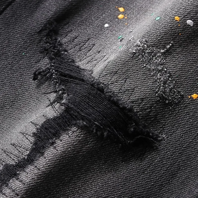 High Street Fashion Men Jeans Retro Black Gray Stretch Slim Fit Printed Ripped Jeans Men Painted Designer Hip Hop Denim Pants