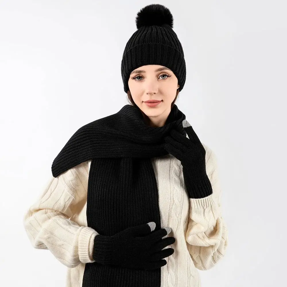3Pcs/Set Gift Warm Women Hats Scarf Gloves Set Soft Ear Protection Knitted Hat Windproof Touchscreen Gloves Outdoor