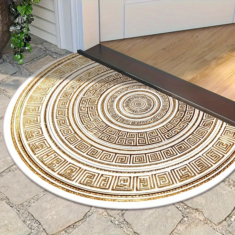 Luxury Golden Greek Key Half Moon Decor Door Mat White Geometric Pattern Welcome Carpet Indoor Outdoor Home Entrance Floor Mat