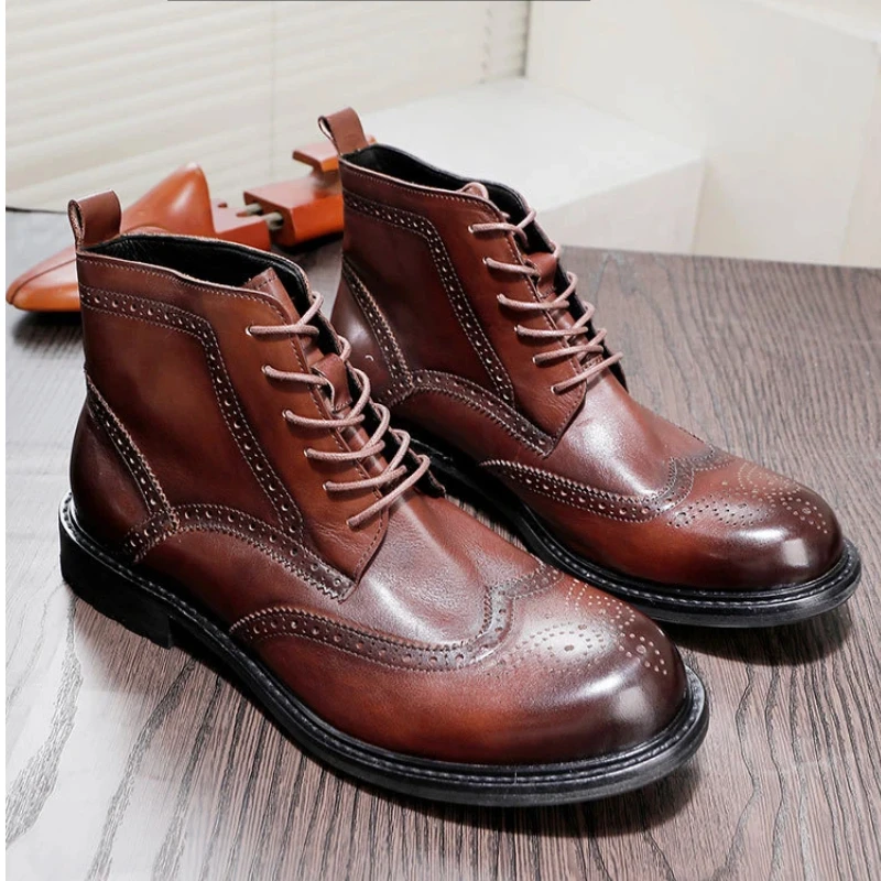

YETTIES Men's Goodyear Welt Brogue Ankle Boots, Genuine Leather Sole Combat Style Boots, Distressed Vintage Lace-Up Short Boots