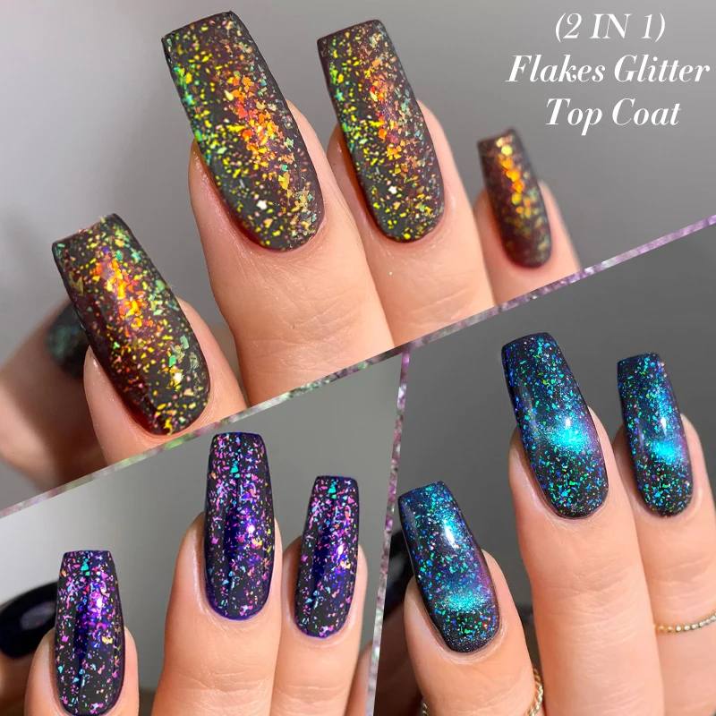 LILYCUTE 2 IN 1 Flakes Glitter Top Coat Gel Polish Nail Art Vernis Semi Permanent UV Gel Sparking Aurora Gel No Wipe Top Coat