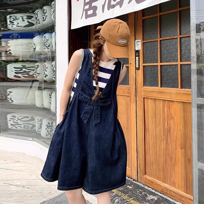 

Retro College Style Denim Overalls for Women Summer High-end Bow Loose Versatile Wide Leg Pants Short Rompers Women's Jumpsuit