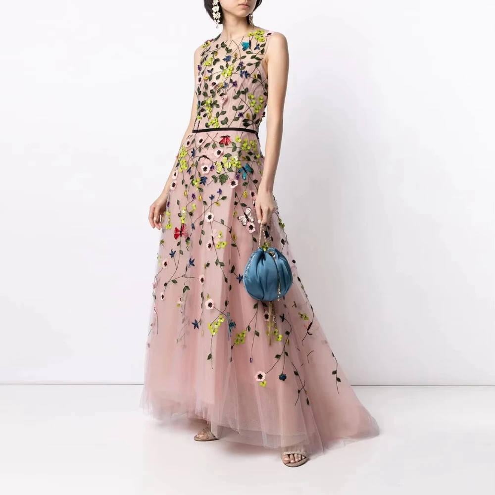 

Fashion Prom Dresses with Floral Print Floor Length Party Gowns Flower Appliques O-Neck Sleeveless A-Line Evening Dresses