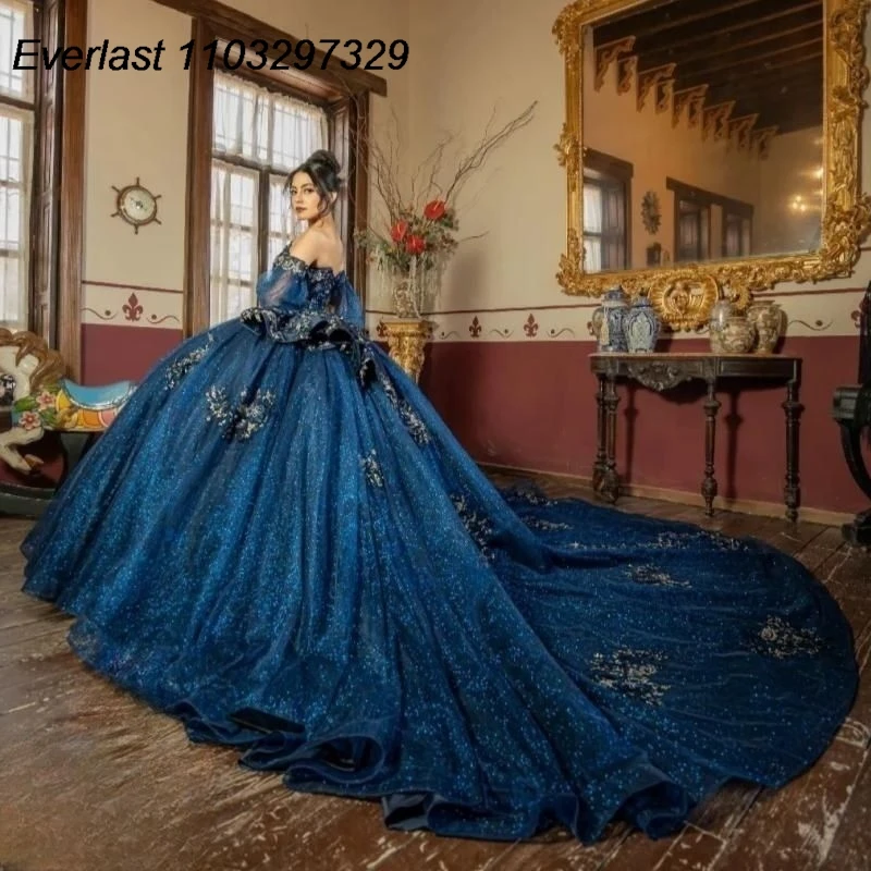 EVLAST Customized Navy Blue Quinceanera Dress Ball Gown 3D Flowers Applique Beading Corset Sweet 16 Vestidos De 15 Anos TQD705