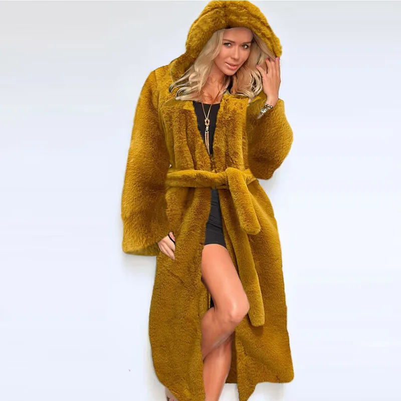 Women Fall Winter New Faux Fur Coat Hooded Cotton Thickened Long Plush Fur Coat Windbreaker Jackets for Women Coats