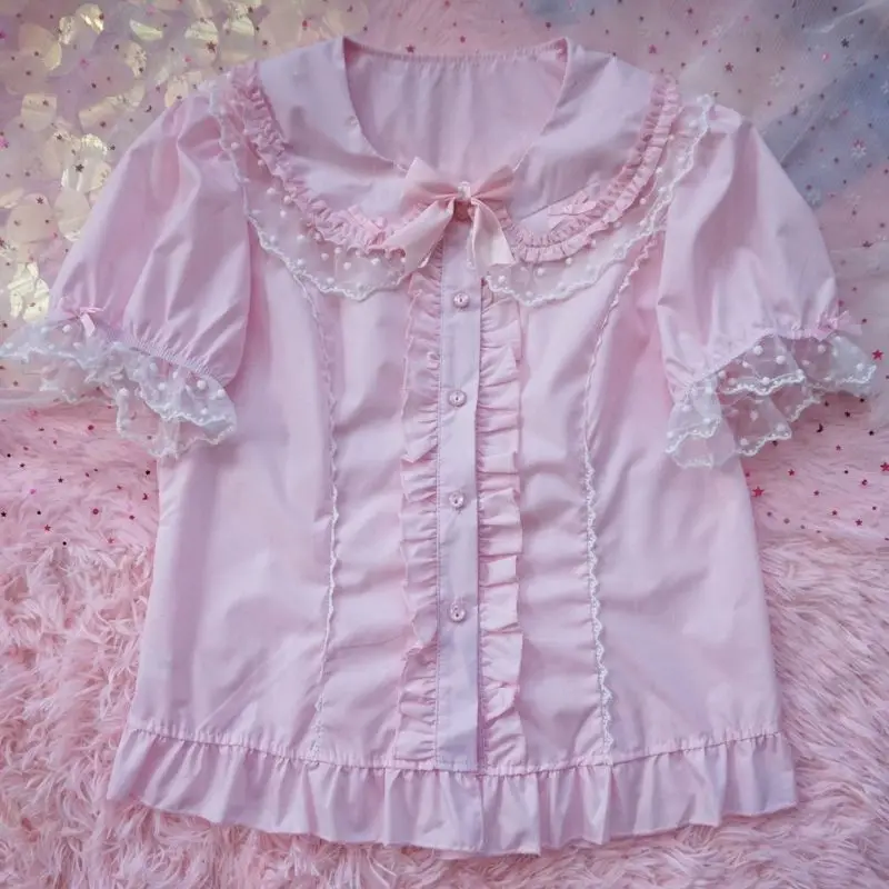 

Vintage Sweet Kawaii Blouse Korean Fashion Lace Partchwork Shirt Summer Casual Japanese Style Tops Outfits New