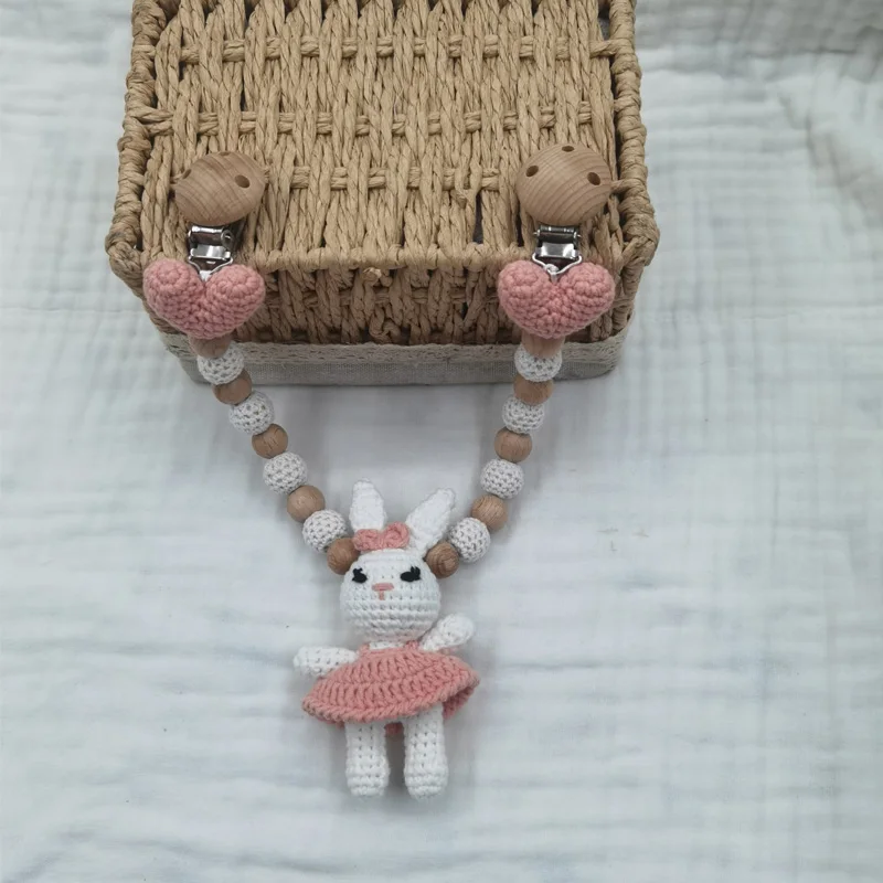 Handmade Crochet Animal Baby Teether Toy Wooden Newborn Teether Rabbite Bunny Stuffed Doll Cotton Towel Pacifier Chain Baby Gift