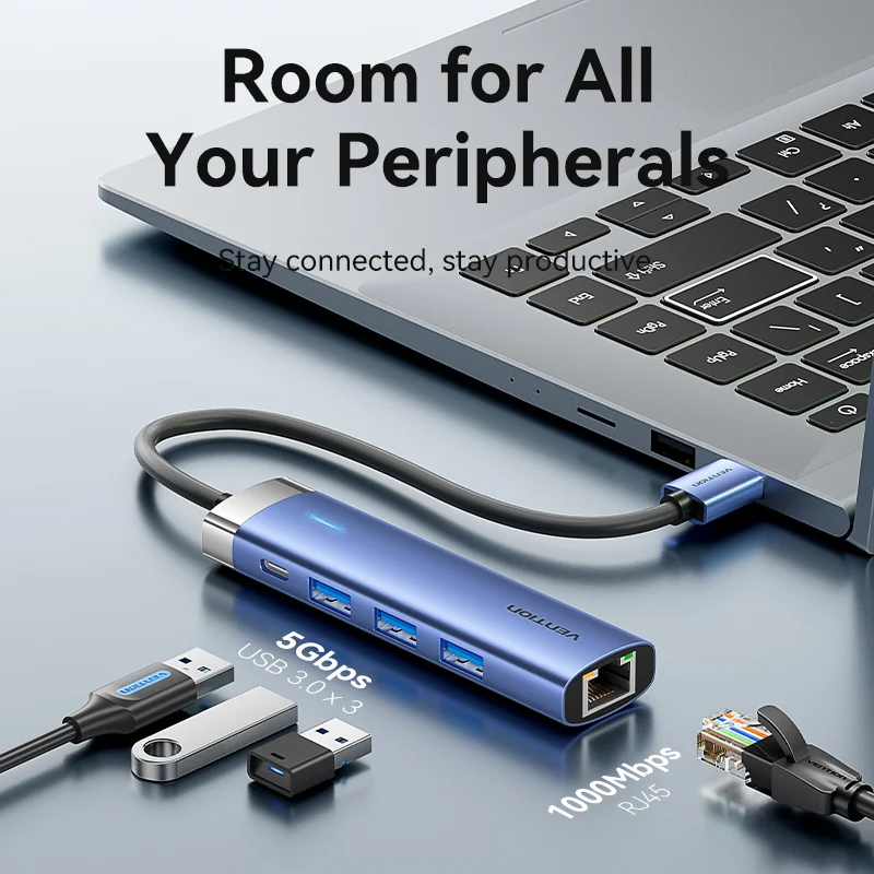 Vention-adaptador Ethernet USB para ordenador portátil, tarjeta de red de 1000Mbps, HUB RJ45 Lan para Macbook, Windows, PC, Xiaomi Mi TV Box, USB-C