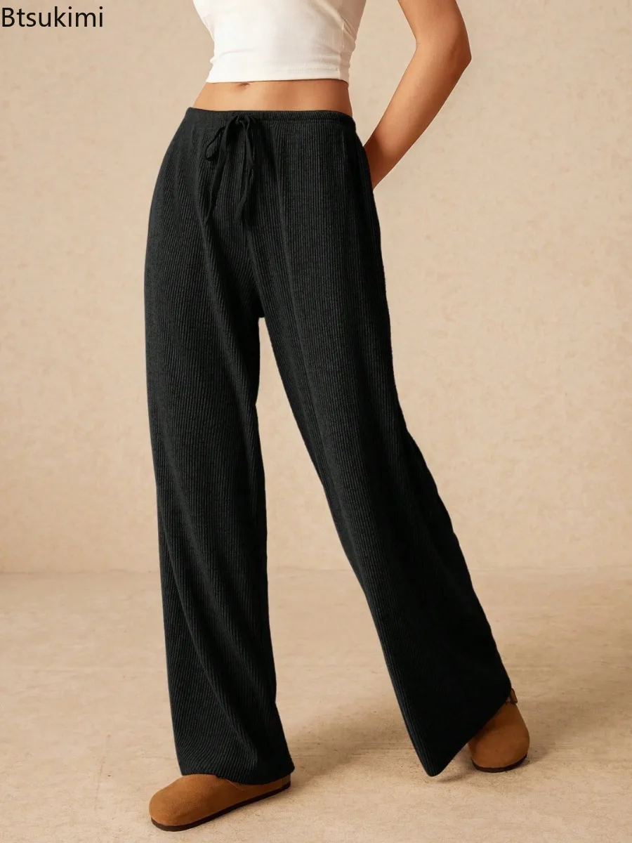 2025 Women's Solid Color High Waisted Fashion Pants Fashionable Lace Up Straight Leg Wide Leg Pants Casual Loose Sports Trousers