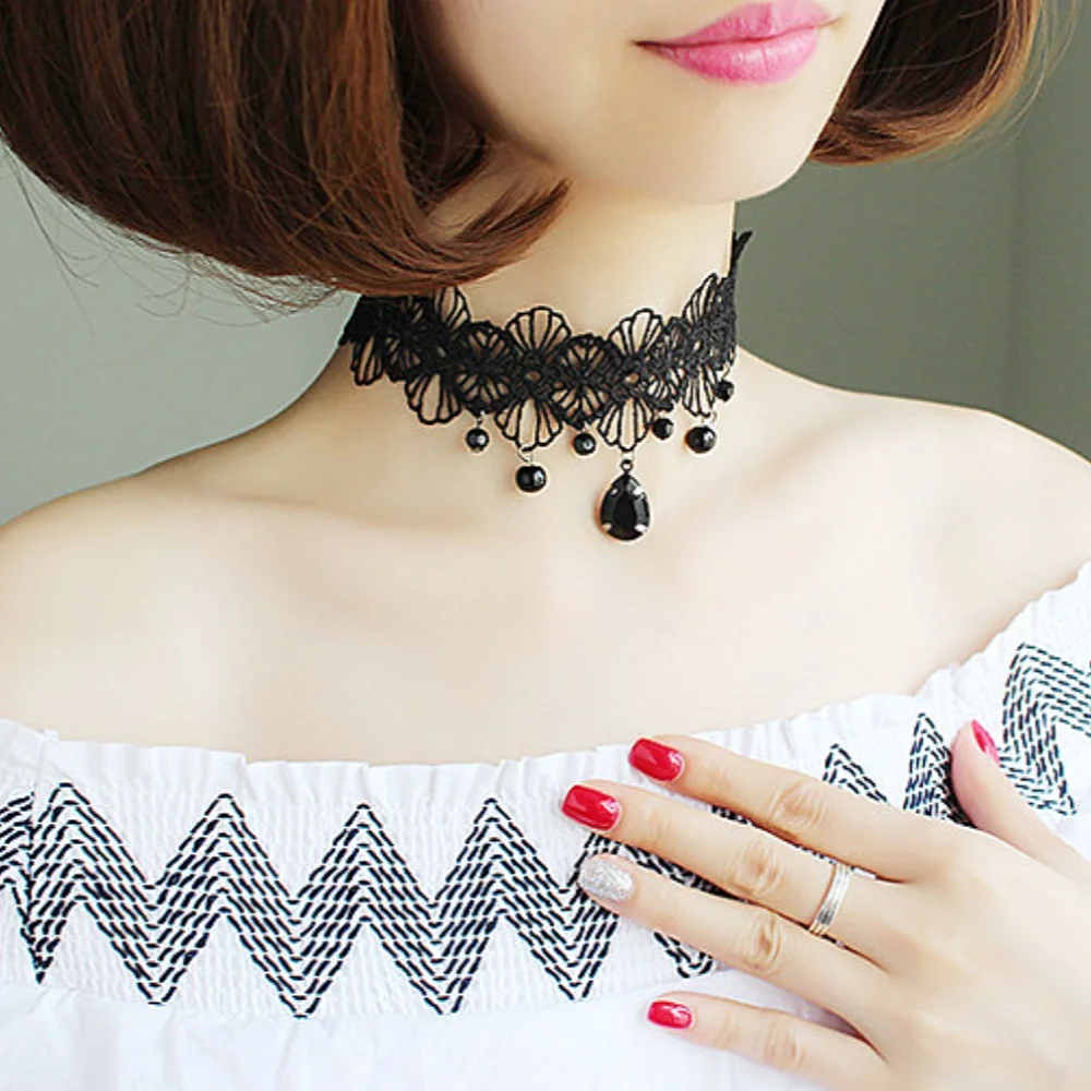 Party Jewelry Gothic Black Beaded Flowers Sexy Lace Neck Choker Necklace Vintage Tassel Chain Women Steampunk Halloween Jewelry image 4