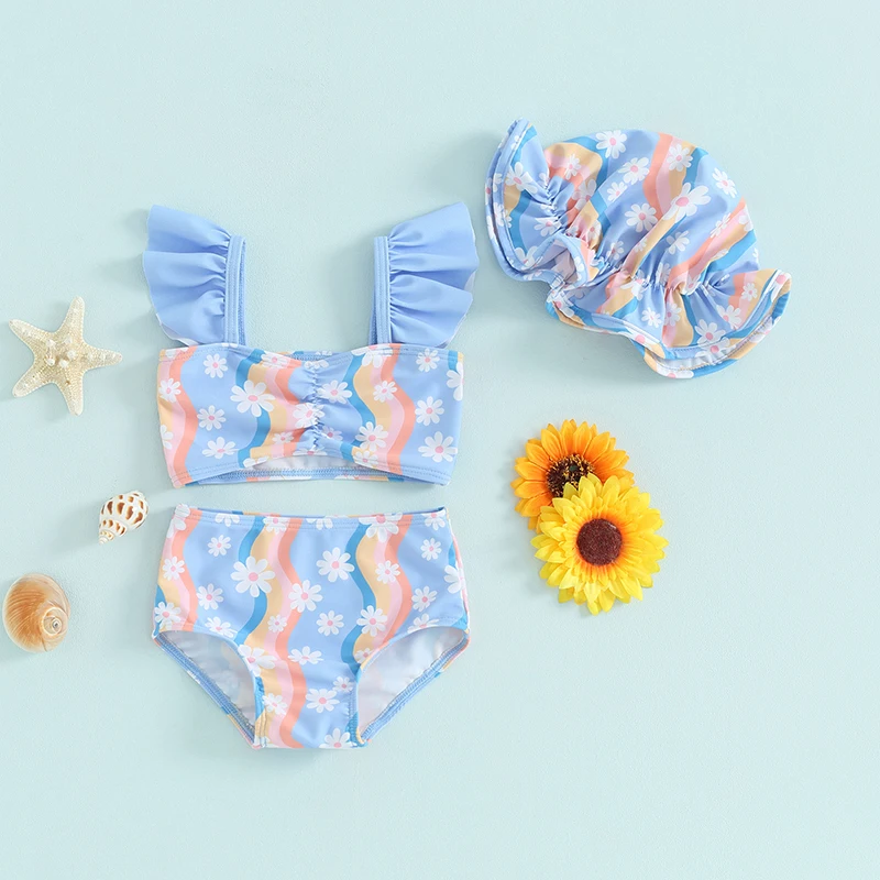 0-3T Toddler Swimsuit 3Piece Set  Rainbow Printed Pleated Small Floral Swimsuit Bikini Set With Hooded Summer New Split Swimsuit