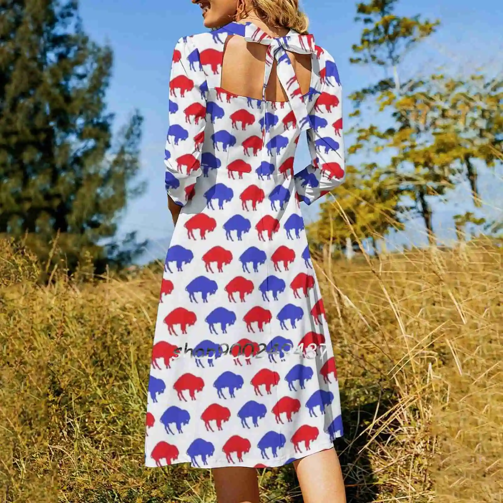 Mix Buffalo Herd-Buffalo Sports Square Neck Dress New Plus Size Elegant Women Waist Tight Dress Buffalo Herd Blue Red Bills Ny