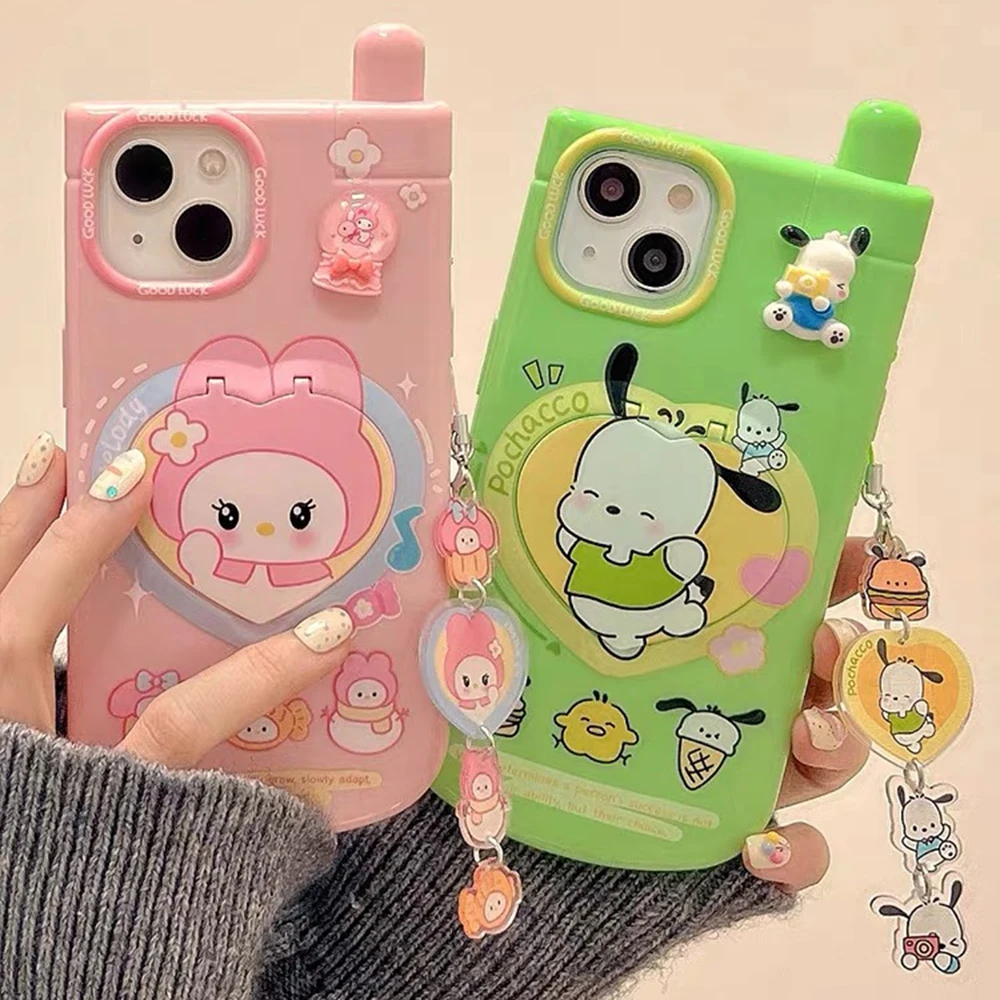 3D Sanrio Hello Kitty Kuromi My Melody Pochacco with Pendant Telephone Phone Case for IPhone 15 14 13 12 11 Pro Max Back Cover