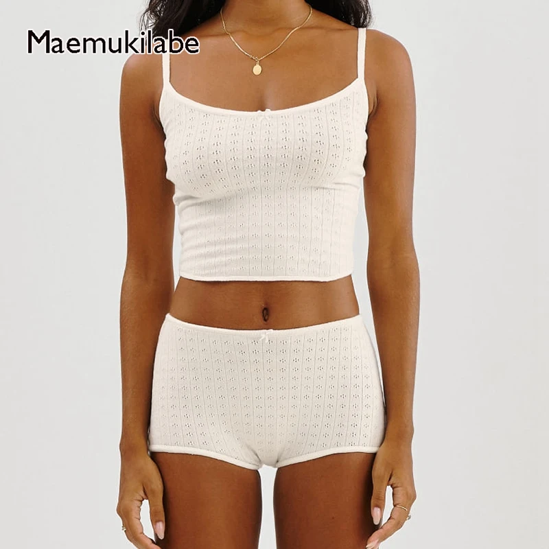 Maemukilabe Vintage Cottage Oogje 2-delige Loungeset Outfits Vrouwen Spaghettibandhemdje + Microshort Y 2K Kawaii Crop Tops